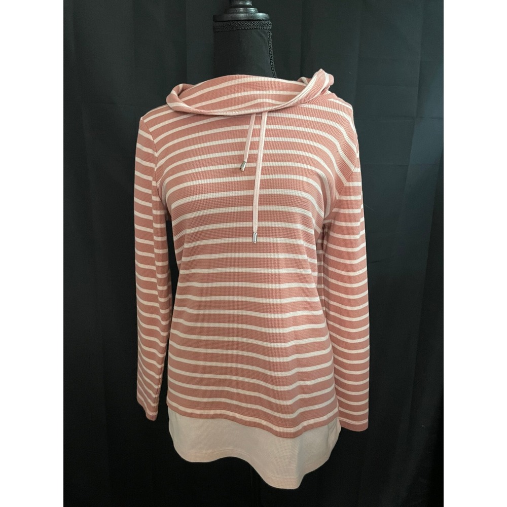 D & CO Cowl Neck Shirt Women's M Pink White Striped Pullover Long Sleeve Top